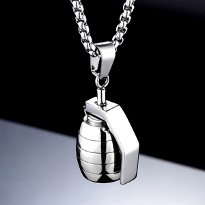 Silver grenade pendant necklace in punk style with a durable stainless steel box chain
