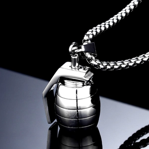 Silver punk style hand grenade pendant necklace with textured steel box chain for men
