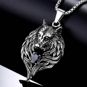 Men Wolf Head Pendant Necklace Stainless Steel Zirconia Inlaid Retro Wolf Head Jewelry With Box Chain Punk Rock Style Accessories