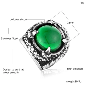 Punk style stainless steel dragon claw ring with a large green zircon stone inlay