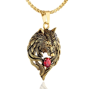 Gothic wolf head pendant necklace with red crystal inlay in vintage gold finish