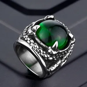 Men Titanium Steel Dragon Claw Ring Vintage Punk Gothic Inlaid Red Green Rhinestone Band Ring Heavy Metal Jewelry Gift