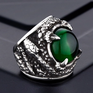 Men's retro punk dragon claw ring in silver steel with a deep green oval gemstone