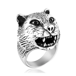 Close-up of vintage punk tiger head ring made of durable stainless steel with antique finish