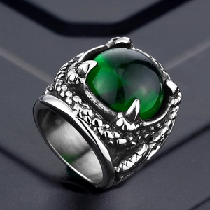 Men's punk vintage dragon claw ring with a large green gemstone in silver steel finish