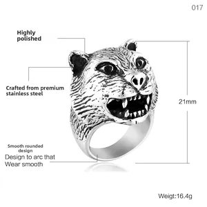 Anello da uomo a testa di tigre in acciaio inossidabile lucido con finitura vintage
