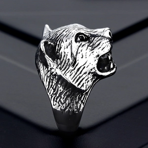 Gothic tiger head ring in polished stainless steel with detailed fur texture engraving