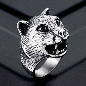 Gothic punk style tiger head ring made of titanium steel with detailed roaring carving