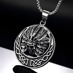 Collier Pendentif Crâne de Chef Indien en Acier Inoxidable Vintage pour Hommes Collier Médaille Ronde Nœud Celtique Gothique Punk Tribal Bijoux