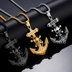 Collier Pendentif Crâne d'Ancre Punk Gothique Rétro pour Hommes en Acier au Titane Chaîne Box Bijoux de Style Nautique Pirate Accessoire de Mode
