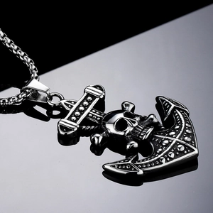 Collier pendentif ancre et crâne punk pour hommes en acier titane avec chaîne box
