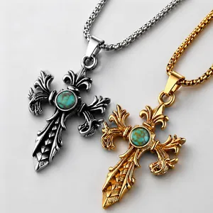 Vintage Gothic Stainless Steel Cross Pendant Necklace For Men Retro Punk Style Turquoise Inlaid Cross Necklace Jewelry Gift