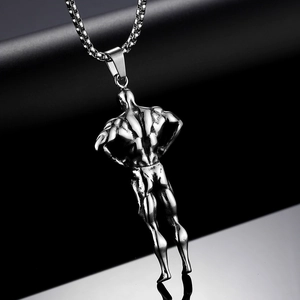 Collana uomo con pendente muscoloso in acciaio inossidabile e catena a scatola robusta