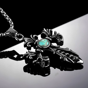 Gothic vintage stainless steel cross necklace with turquoise stone and dragon relief