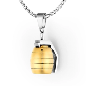 Men's two-tone hand grenade pendant necklace in gold and silver stainless steel