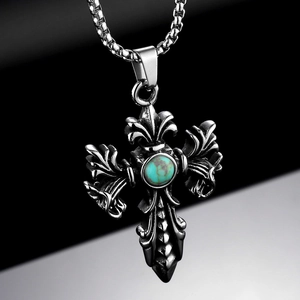 Gothic titanium steel cross pendant necklace with turquoise inlay on box chain