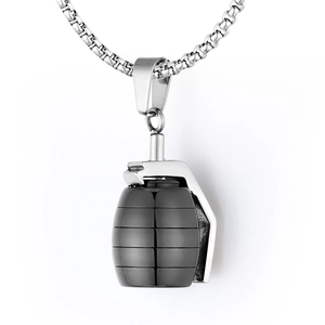 Men's fashion grenade pendant necklace in black and silver finish with box chain