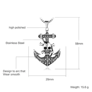Collier avec pendentif ancre et tête de mort en acier inoxydable au fini poli miroir