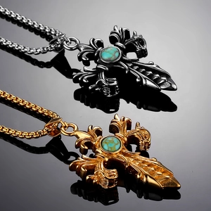 Mens gothic cross pendant necklace with turquoise stone in gold and antique silver finish