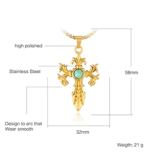 Gothic gold stainless steel cross necklace with turquoise stone inlay for men
