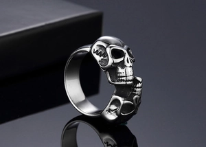 Detailed side view of gothic skull ring with vintage stainless steel finish and rock style