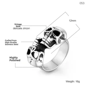 Polished stainless steel double skull ring with delicate zircon and vintage details