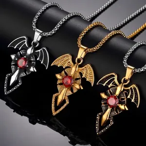 Gothic Titanium Steel Bat Wing Cross Pendant Necklace For Men Red Rhinestone Punk Vampire Angel Devil Wing Jewelry Gift