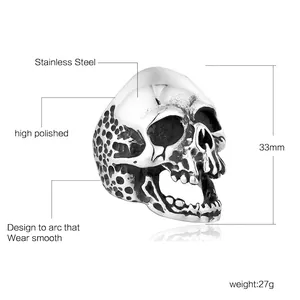 Men's punk skull ring in polished stainless steel with textured honeycomb detail