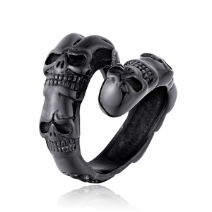 Gothic punk black matte stainless steel open ring with carved skull relief patterns