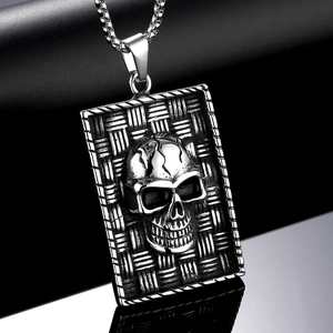 Vintage punk skull pendant necklace in stainless steel with textured square tag design