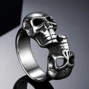 Men's Gothic Punk Double Skull Ring Stainless Steel Rhinestone Distressed Biker Ring Retro Jewelry For Men Accessory