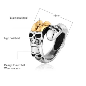 Retro punk skull stainless steel ring for men with gold cross and mirror polished finish