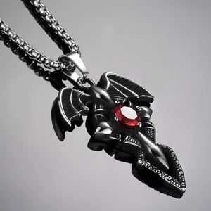 Gothic dragon pendant necklace with red gemstone inlay and black metallic finish