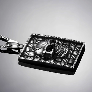 Punk rock skull square pendant necklace in vintage silver stainless steel for men