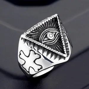 Retro Punk 316L Stainless Steel Ring For Men Gothic Eye Of Providence And Cross Design Vintage Religious Biker Jewelry