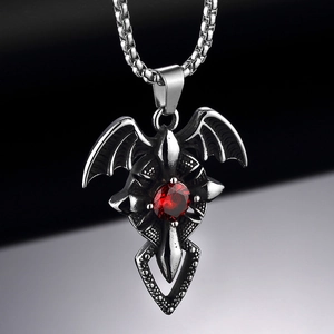 Gothic bat wing pendant necklace with red zircon and silver stainless steel chain