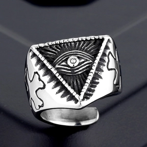 Vintage 316L stainless steel punk ring featuring the All-Seeing Eye and cross engravings