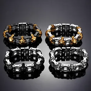 Pulsera de Cadena de Motocicleta con Calavera Punk para Hombre Acero de Titanio Pulido Eslabones Biker Joyería Gótica de Metal Pesado