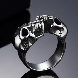 Gothic punk double skull ring for men in antique silver finish stainless steel