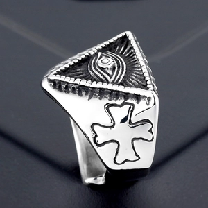 Vintage silver punk ring featuring the Eye of Providence and side cross detailing