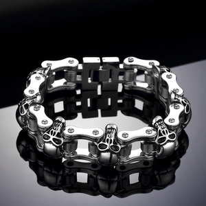 Pulsera motera de calavera punk gótica para hombre en acero inoxidable pulido plateado