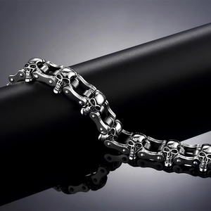 Pulsera punk para hombre de acero inoxidable con calaveras y cadena de bicicleta