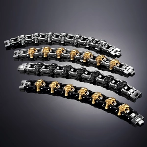 Pulseras de motero con calaveras punk para hombre en acabados plata, oro y negro de acero