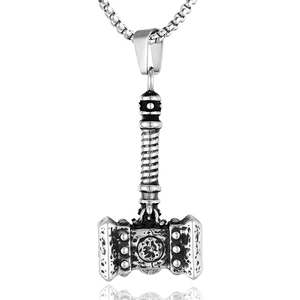Pendentif Marteau de Thor Mjölnir en acier titane avec chaîne box en argent vintage