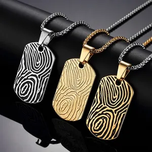 Men Titanium Steel Fingerprint Texture Military Dog Tag Pendant Necklace Punk Personalized Engraved Box Chain Hip Hop Jewelry