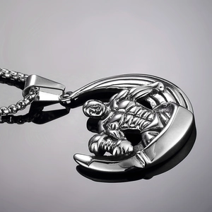 Polished titanium steel bodybuilding pendant with muscular figure and barbell on box chain