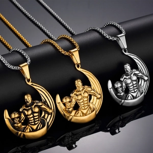 Titanium steel fitness dumbbell necklaces in gold, bronze and silver finish