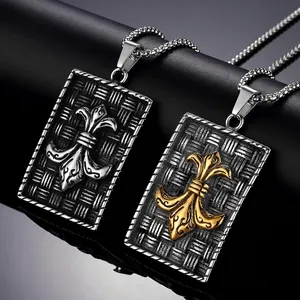 Vintage Punk Rock Fleur-De-Lis Stainless Steel Pendant Necklace For Men Gothic Woven Texture Rectangle Shield Jewelry