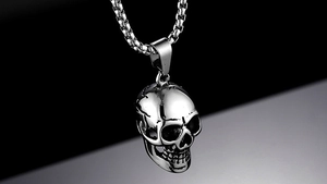 Macro view of silver stainless steel skull pendant with box chain in punk style