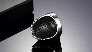 Macro shot of the oxidized vintage texture and polished interior of this steel eagle ring